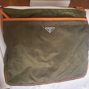 Prada Flat Messenger Bag in Olive Green and Orange